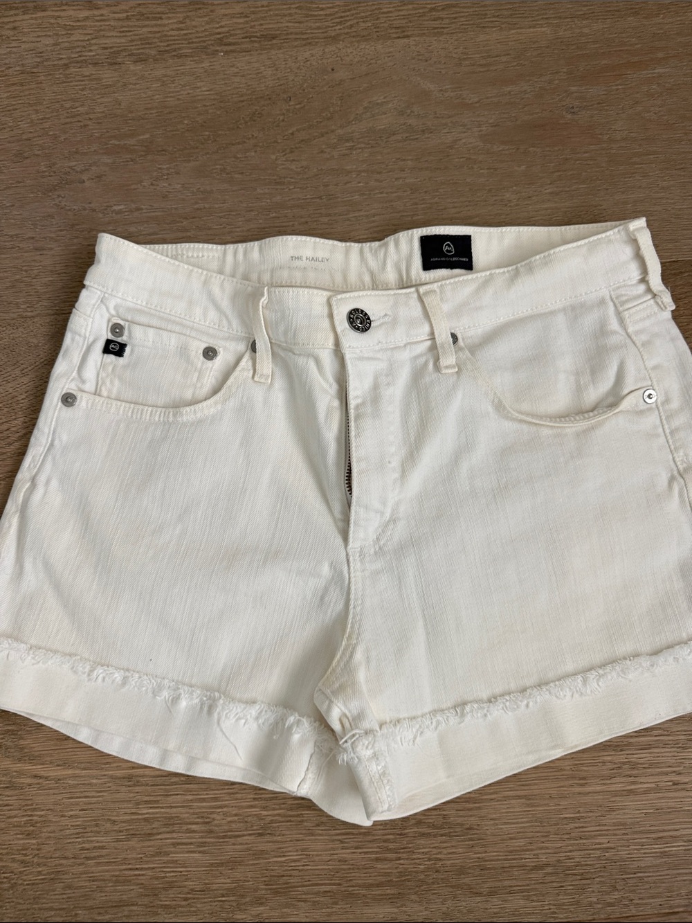 AG Adriano Goldschmied White Frayed-Hem Denim Shorts